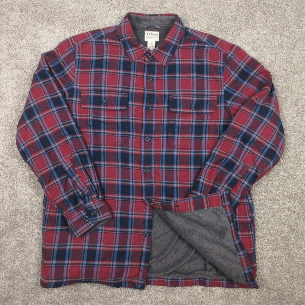LL Bean Jacket Mens Large Red Blue Plaid Flannel Shacket Fleece Lined Button Up